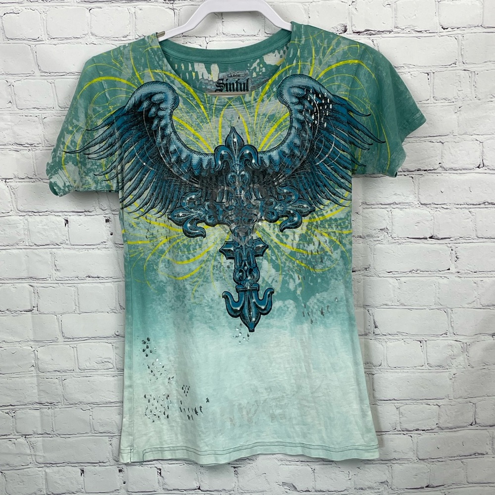 Sinful by Affliction Green Tattoo Art Graphic Short Sleeve Tee Shirt Size Large